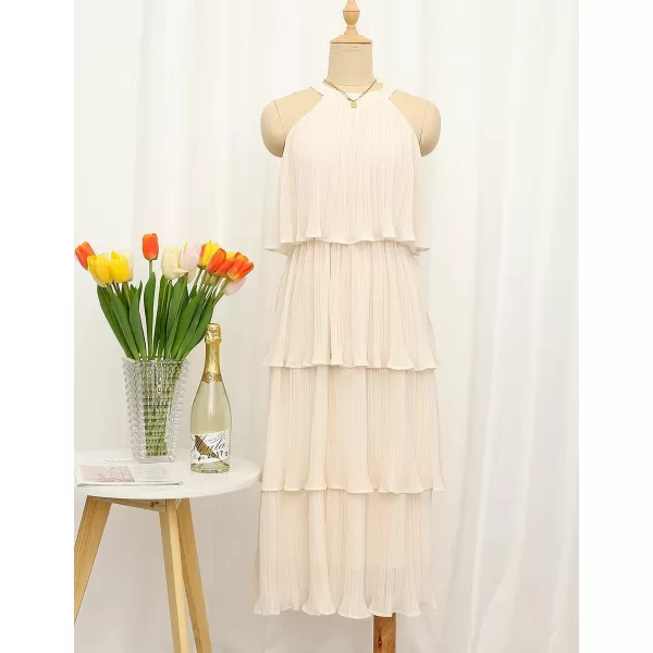 imageZESICA Womens 2023 Summer Sleeveless Halter Neck Ruffle Tiered Layed Chiffon Flowy Swing Long Midi DressApricot