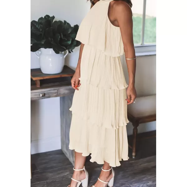 imageZESICA Womens 2023 Summer Sleeveless Halter Neck Ruffle Tiered Layed Chiffon Flowy Swing Long Midi DressApricot