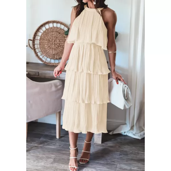 imageZESICA Womens 2023 Summer Sleeveless Halter Neck Ruffle Tiered Layed Chiffon Flowy Swing Long Midi DressApricot