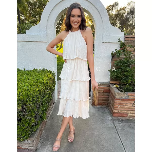imageZESICA Womens 2023 Summer Sleeveless Halter Neck Ruffle Tiered Layed Chiffon Flowy Swing Long Midi DressApricot