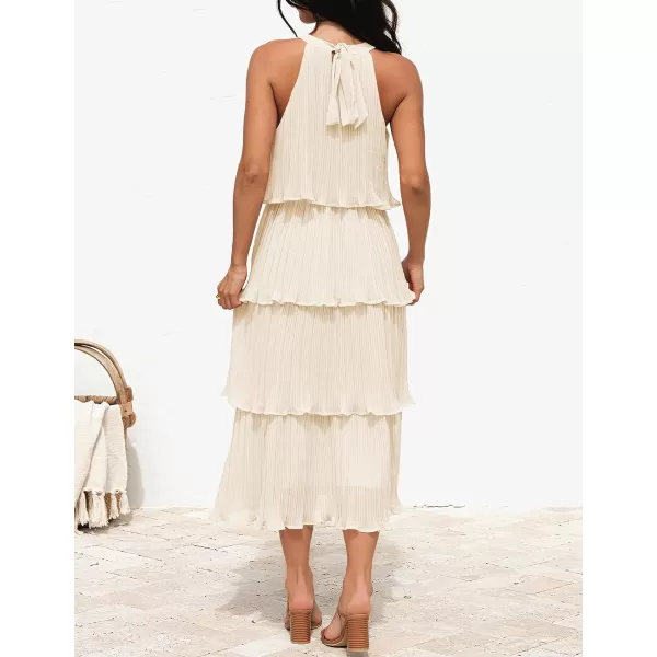 imageZESICA Womens 2023 Summer Sleeveless Halter Neck Ruffle Tiered Layed Chiffon Flowy Swing Long Midi DressApricot