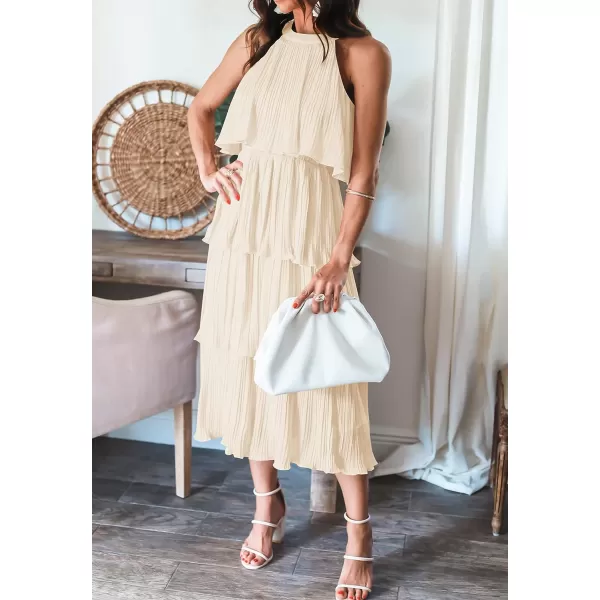 imageZESICA Womens 2023 Summer Sleeveless Halter Neck Ruffle Tiered Layed Chiffon Flowy Swing Long Midi DressApricot