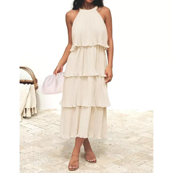 imageZESICA Womens 2023 Summer Sleeveless Halter Neck Ruffle Tiered Layed Chiffon Flowy Swing Long Midi DressApricot