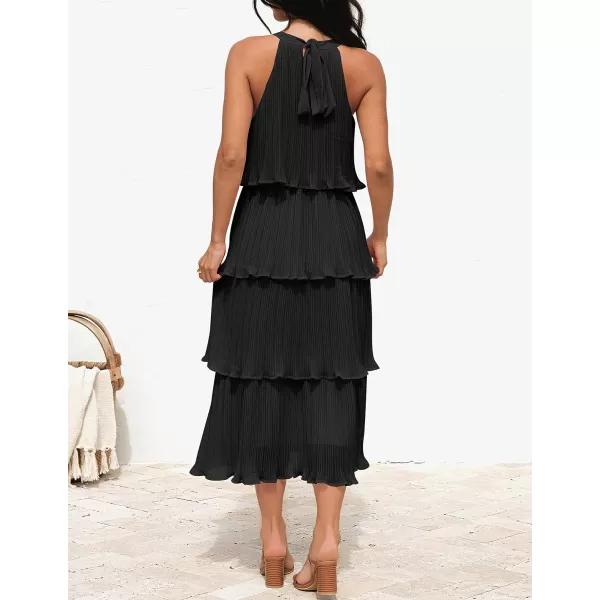 imageZESICA Womens 2023 Summer Sleeveless Halter Neck Ruffle Tiered Layed Chiffon Flowy Swing Long Midi DressDarkblack