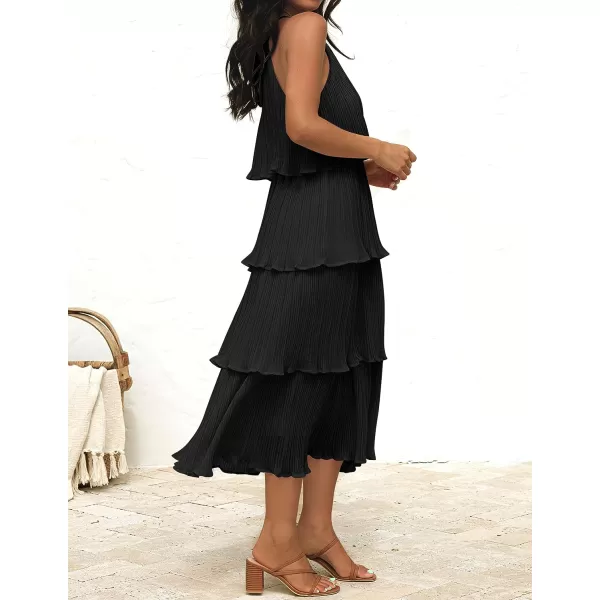 imageZESICA Womens 2023 Summer Sleeveless Halter Neck Ruffle Tiered Layed Chiffon Flowy Swing Long Midi DressDarkblack