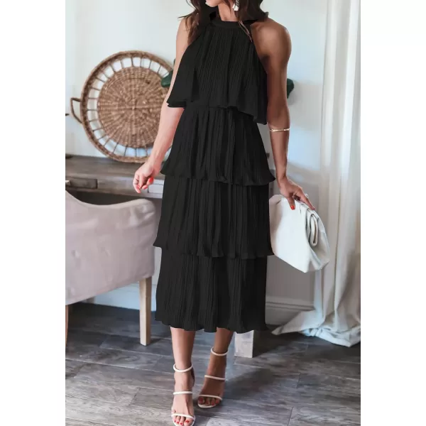 imageZESICA Womens 2023 Summer Sleeveless Halter Neck Ruffle Tiered Layed Chiffon Flowy Swing Long Midi DressDarkblack