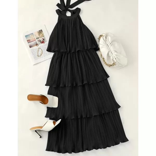 imageZESICA Womens 2023 Summer Sleeveless Halter Neck Ruffle Tiered Layed Chiffon Flowy Swing Long Midi DressDarkblack