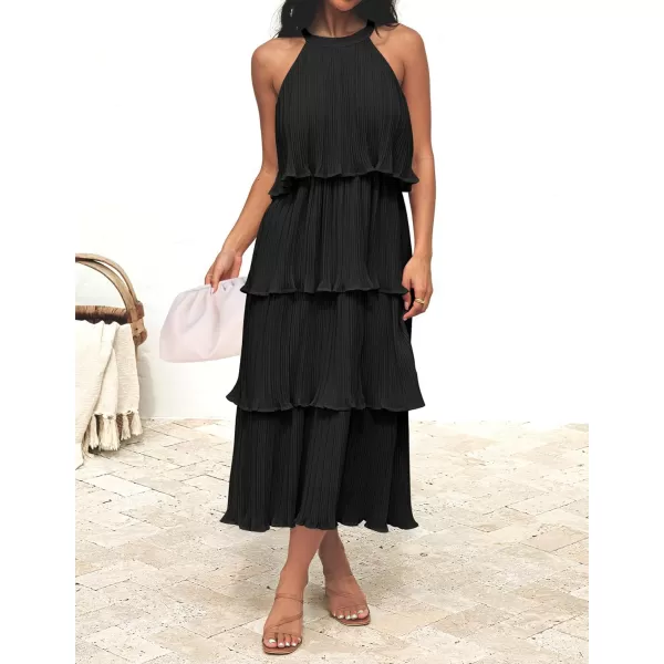 imageZESICA Womens 2023 Summer Sleeveless Halter Neck Ruffle Tiered Layed Chiffon Flowy Swing Long Midi DressDarkblack