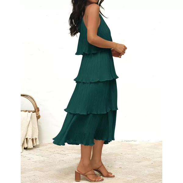 imageZESICA Womens 2023 Summer Sleeveless Halter Neck Ruffle Tiered Layed Chiffon Flowy Swing Long Midi DressDarkgreen