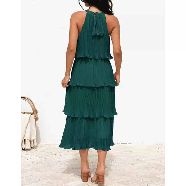 imageZESICA Womens 2023 Summer Sleeveless Halter Neck Ruffle Tiered Layed Chiffon Flowy Swing Long Midi DressDarkgreen