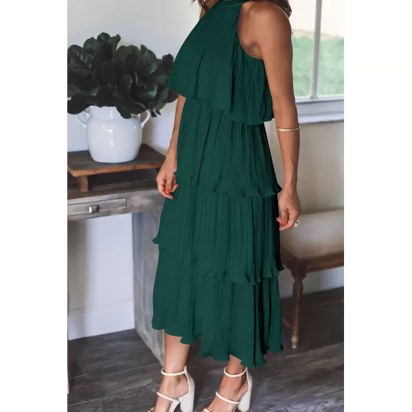 imageZESICA Womens 2023 Summer Sleeveless Halter Neck Ruffle Tiered Layed Chiffon Flowy Swing Long Midi DressDarkgreen