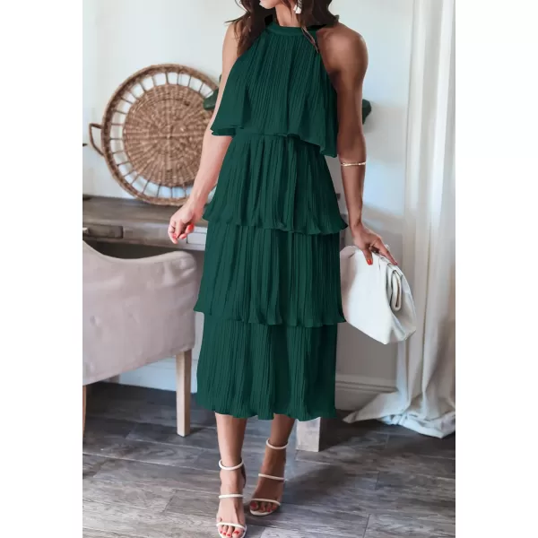 imageZESICA Womens 2023 Summer Sleeveless Halter Neck Ruffle Tiered Layed Chiffon Flowy Swing Long Midi DressDarkgreen
