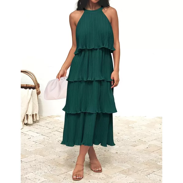 imageZESICA Womens 2023 Summer Sleeveless Halter Neck Ruffle Tiered Layed Chiffon Flowy Swing Long Midi DressDarkgreen