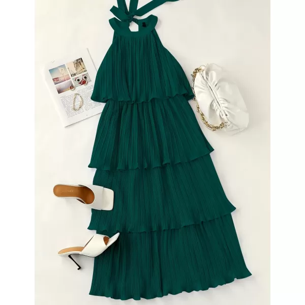 imageZESICA Womens 2023 Summer Sleeveless Halter Neck Ruffle Tiered Layed Chiffon Flowy Swing Long Midi DressDarkgreen