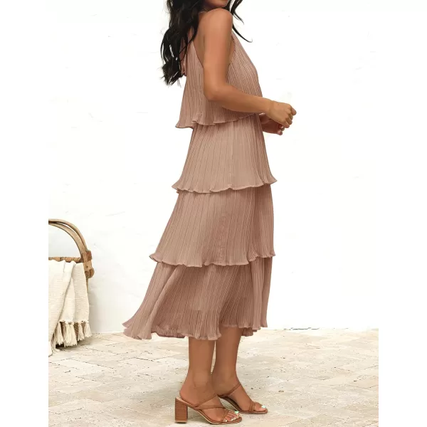imageZESICA Womens 2023 Summer Sleeveless Halter Neck Ruffle Tiered Layed Chiffon Flowy Swing Long Midi DressKhaki