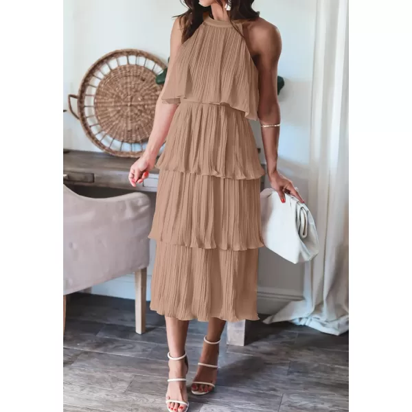 imageZESICA Womens 2023 Summer Sleeveless Halter Neck Ruffle Tiered Layed Chiffon Flowy Swing Long Midi DressKhaki