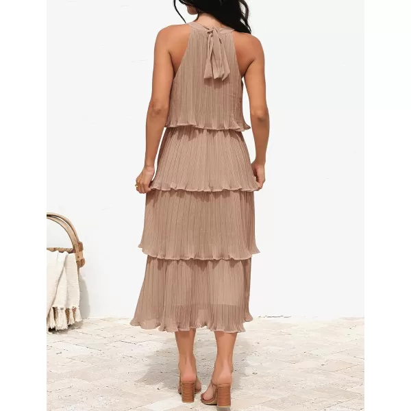 imageZESICA Womens 2023 Summer Sleeveless Halter Neck Ruffle Tiered Layed Chiffon Flowy Swing Long Midi DressKhaki