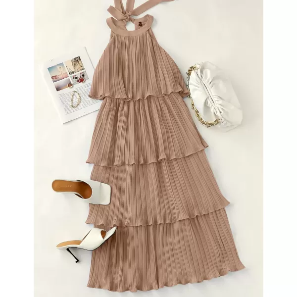 imageZESICA Womens 2023 Summer Sleeveless Halter Neck Ruffle Tiered Layed Chiffon Flowy Swing Long Midi DressKhaki