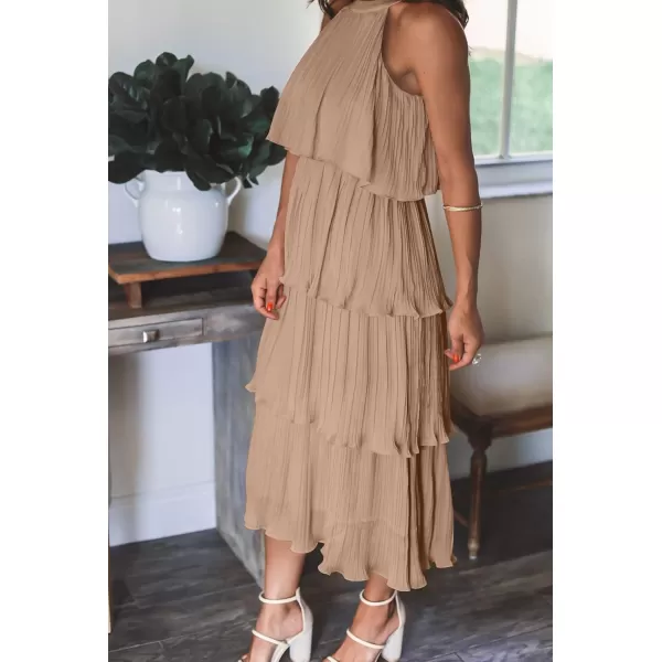 imageZESICA Womens 2023 Summer Sleeveless Halter Neck Ruffle Tiered Layed Chiffon Flowy Swing Long Midi DressKhaki