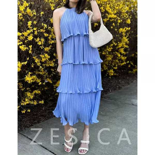 imageZESICA Womens 2023 Summer Sleeveless Halter Neck Ruffle Tiered Layed Chiffon Flowy Swing Long Midi DressLightblue