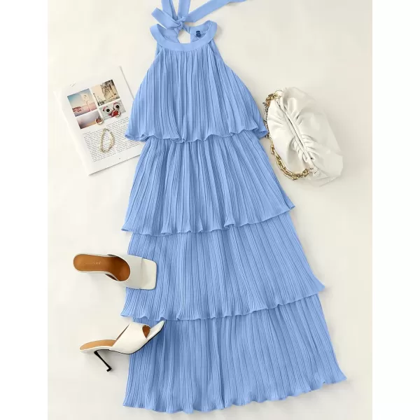 imageZESICA Womens 2023 Summer Sleeveless Halter Neck Ruffle Tiered Layed Chiffon Flowy Swing Long Midi DressLightblue