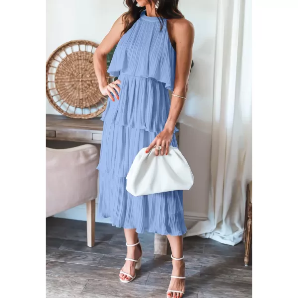 imageZESICA Womens 2023 Summer Sleeveless Halter Neck Ruffle Tiered Layed Chiffon Flowy Swing Long Midi DressLightblue