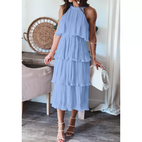 imageZESICA Womens 2023 Summer Sleeveless Halter Neck Ruffle Tiered Layed Chiffon Flowy Swing Long Midi DressLightblue