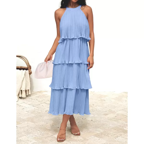 imageZESICA Womens 2023 Summer Sleeveless Halter Neck Ruffle Tiered Layed Chiffon Flowy Swing Long Midi DressLightblue