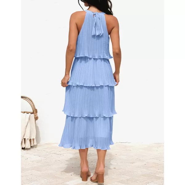 imageZESICA Womens 2023 Summer Sleeveless Halter Neck Ruffle Tiered Layed Chiffon Flowy Swing Long Midi DressLightblue