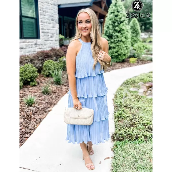 imageZESICA Womens 2023 Summer Sleeveless Halter Neck Ruffle Tiered Layed Chiffon Flowy Swing Long Midi DressLightblue