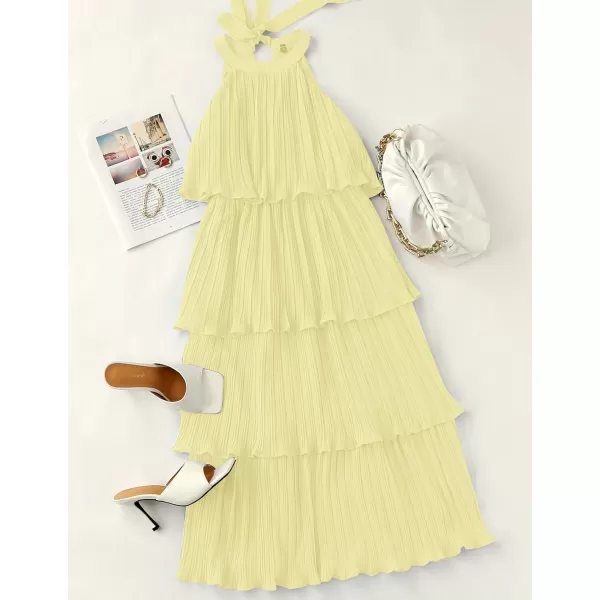imageZESICA Womens 2023 Summer Sleeveless Halter Neck Ruffle Tiered Layed Chiffon Flowy Swing Long Midi DressLightyellow