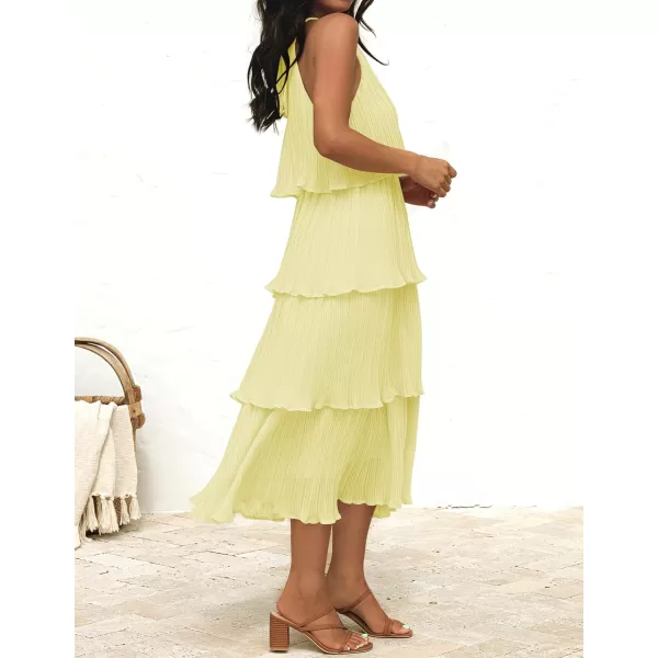 imageZESICA Womens 2023 Summer Sleeveless Halter Neck Ruffle Tiered Layed Chiffon Flowy Swing Long Midi DressLightyellow
