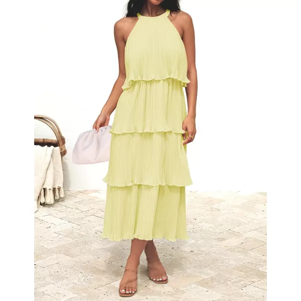 imageZESICA Womens 2023 Summer Sleeveless Halter Neck Ruffle Tiered Layed Chiffon Flowy Swing Long Midi DressLightyellow