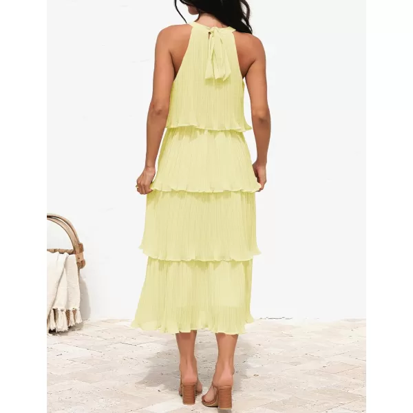 imageZESICA Womens 2023 Summer Sleeveless Halter Neck Ruffle Tiered Layed Chiffon Flowy Swing Long Midi DressLightyellow