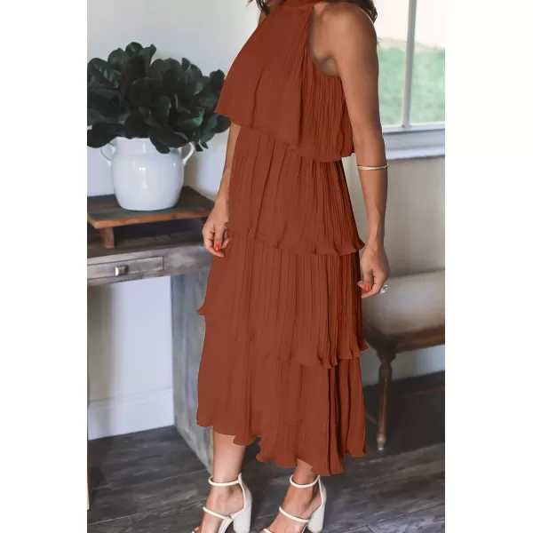 imageZESICA Womens 2023 Summer Sleeveless Halter Neck Ruffle Tiered Layed Chiffon Flowy Swing Long Midi DressMaple