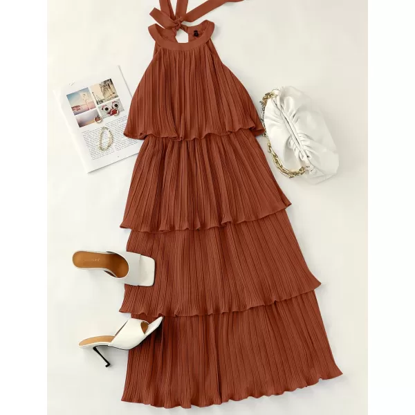 imageZESICA Womens 2023 Summer Sleeveless Halter Neck Ruffle Tiered Layed Chiffon Flowy Swing Long Midi DressMaple