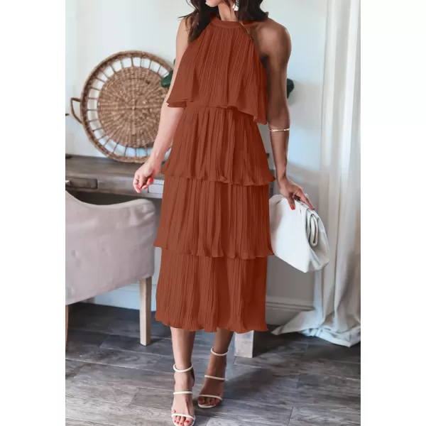 imageZESICA Womens 2023 Summer Sleeveless Halter Neck Ruffle Tiered Layed Chiffon Flowy Swing Long Midi DressMaple