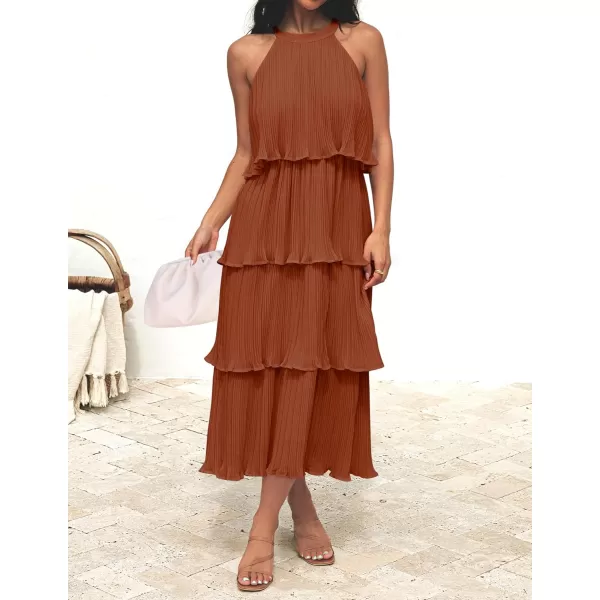 imageZESICA Womens 2023 Summer Sleeveless Halter Neck Ruffle Tiered Layed Chiffon Flowy Swing Long Midi DressMaple