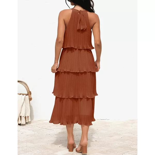 imageZESICA Womens 2023 Summer Sleeveless Halter Neck Ruffle Tiered Layed Chiffon Flowy Swing Long Midi DressMaple