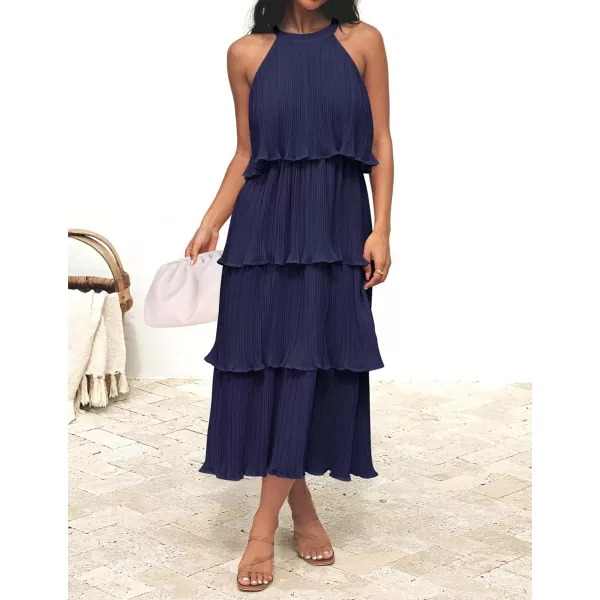 imageZESICA Womens 2023 Summer Sleeveless Halter Neck Ruffle Tiered Layed Chiffon Flowy Swing Long Midi DressNavy