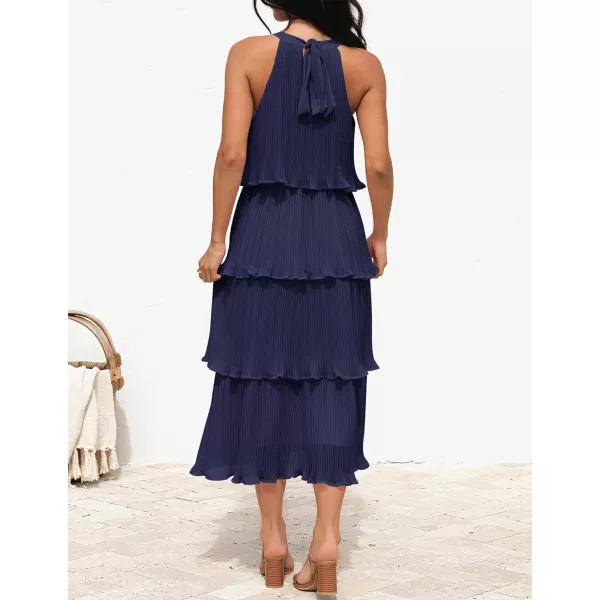 imageZESICA Womens 2023 Summer Sleeveless Halter Neck Ruffle Tiered Layed Chiffon Flowy Swing Long Midi DressNavy