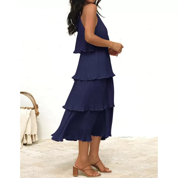imageZESICA Womens 2023 Summer Sleeveless Halter Neck Ruffle Tiered Layed Chiffon Flowy Swing Long Midi DressNavy