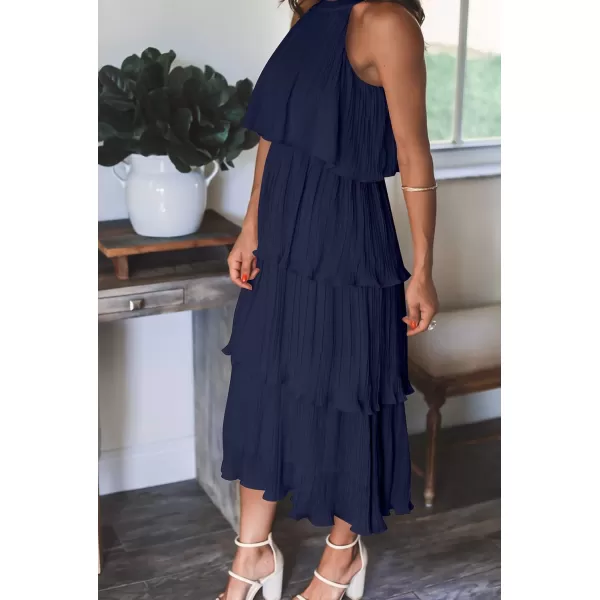 imageZESICA Womens 2023 Summer Sleeveless Halter Neck Ruffle Tiered Layed Chiffon Flowy Swing Long Midi DressNavy