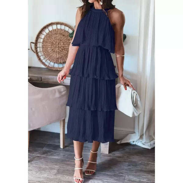 imageZESICA Womens 2023 Summer Sleeveless Halter Neck Ruffle Tiered Layed Chiffon Flowy Swing Long Midi DressNavy