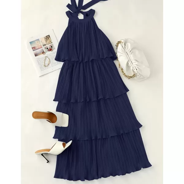 imageZESICA Womens 2023 Summer Sleeveless Halter Neck Ruffle Tiered Layed Chiffon Flowy Swing Long Midi DressNavy