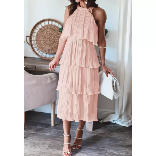 imageZESICA Womens 2023 Summer Sleeveless Halter Neck Ruffle Tiered Layed Chiffon Flowy Swing Long Midi DressPink