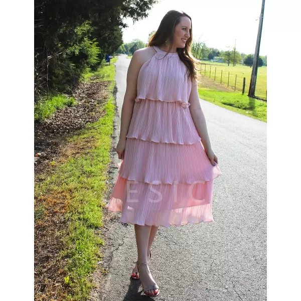imageZESICA Womens 2023 Summer Sleeveless Halter Neck Ruffle Tiered Layed Chiffon Flowy Swing Long Midi DressPink