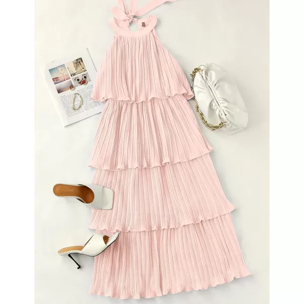imageZESICA Womens 2023 Summer Sleeveless Halter Neck Ruffle Tiered Layed Chiffon Flowy Swing Long Midi DressPink