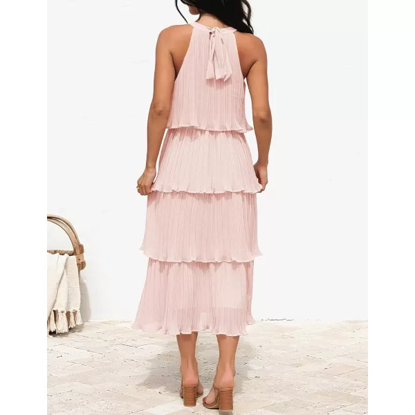 imageZESICA Womens 2023 Summer Sleeveless Halter Neck Ruffle Tiered Layed Chiffon Flowy Swing Long Midi DressPink