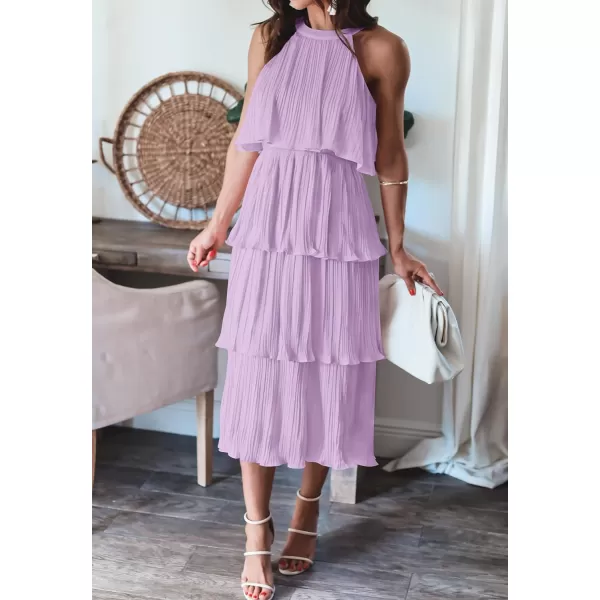 imageZESICA Womens 2023 Summer Sleeveless Halter Neck Ruffle Tiered Layed Chiffon Flowy Swing Long Midi DressPurple